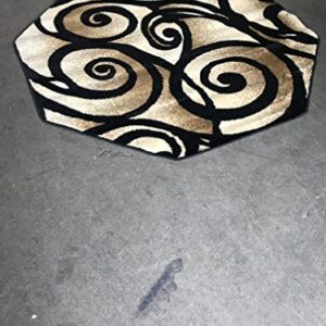 Bellagio Modern Octagon Contemporary Area Rug Black Swirl Design 341 (4 Feet X 4 Feet )