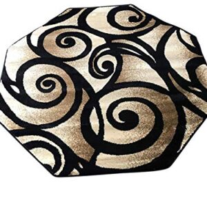 Bellagio Modern Octagon Contemporary Area Rug Black Swirl Design 341 (4 Feet X 4 Feet )