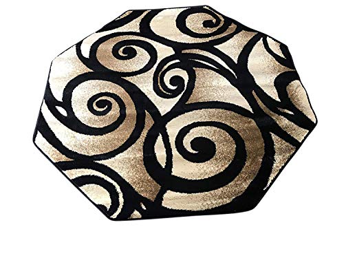 Bellagio Modern Octagon Contemporary Area Rug Black Swirl Design 341 (4 Feet X 4 Feet )