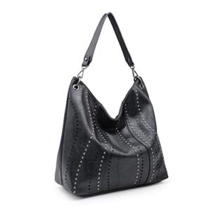 Ladies Large Hobo Shoulder Bag Bucket Handbag Purse for Women with Studs Vegan Leather Black