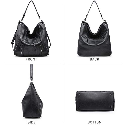 Ladies Large Hobo Shoulder Bag Bucket Handbag Purse for Women with Studs Vegan Leather Black