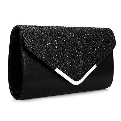 Yuanlar Womens Glitter Envelope Wedding Clutches Evening Bags Shoulder Chain Purse (Black)