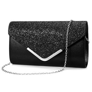 Yuanlar Womens Glitter Envelope Wedding Clutches Evening Bags Shoulder Chain Purse (Black)