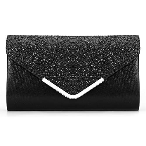 Yuanlar Womens Glitter Envelope Wedding Clutches Evening Bags Shoulder Chain Purse (Black)