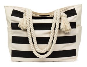 malirona large beach travel tote bag canvas shoulder bag with cotton rope handle (black stripes)