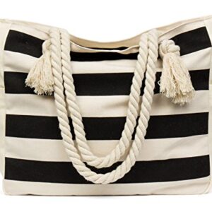 Malirona Large Beach Travel Tote Bag Canvas Shoulder Bag with Cotton Rope Handle (Black Stripes)