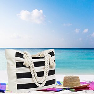 Malirona Large Beach Travel Tote Bag Canvas Shoulder Bag with Cotton Rope Handle (Black Stripes)