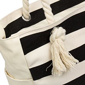 Malirona Large Beach Travel Tote Bag Canvas Shoulder Bag with Cotton Rope Handle (Black Stripes)