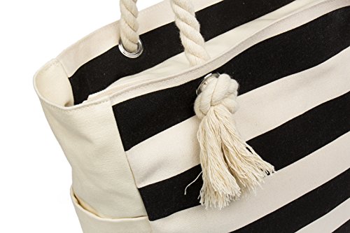 Malirona Large Beach Travel Tote Bag Canvas Shoulder Bag with Cotton Rope Handle (Black Stripes)