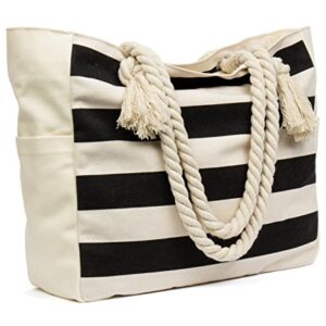 Malirona Large Beach Travel Tote Bag Canvas Shoulder Bag with Cotton Rope Handle (Black Stripes)