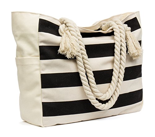 Malirona Large Beach Travel Tote Bag Canvas Shoulder Bag with Cotton Rope Handle (Black Stripes)