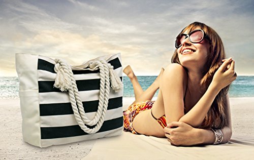 Malirona Large Beach Travel Tote Bag Canvas Shoulder Bag with Cotton Rope Handle (Black Stripes)