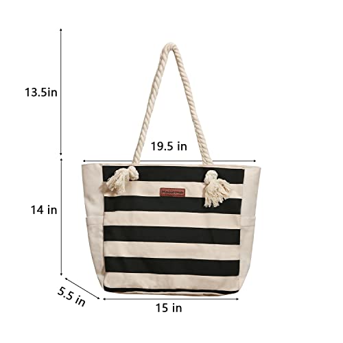 Malirona Large Beach Travel Tote Bag Canvas Shoulder Bag with Cotton Rope Handle (Black Stripes)