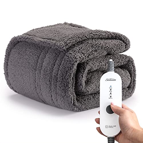 Sunbeam Royal Sherpa Dove Grey Heated Personal Throw / Blanket, Warming Foot Pocket, Cozy-Warm, Adjustable Heat Settings