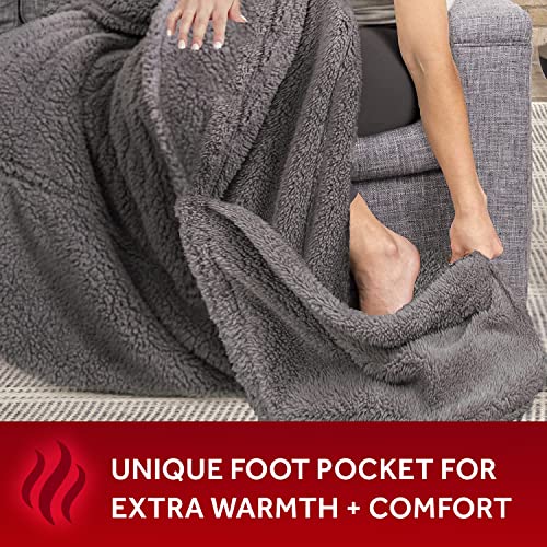 Sunbeam Royal Sherpa Dove Grey Heated Personal Throw / Blanket, Warming Foot Pocket, Cozy-Warm, Adjustable Heat Settings