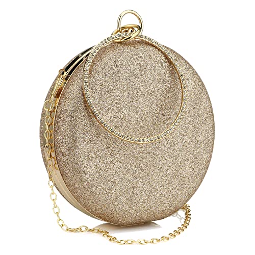 Women's Round Ball Clutch Rhinestone Ring Handle Designer Wristlets Handbag Purse Wedding Party Prom Evening Bag (Champagne)