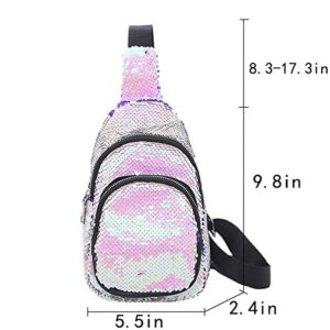 Rebecca Women Girls Mermaid Sequin Sling Bag Leather Chest Bag Shoulder Backpack Travel Crossbody Bag, White