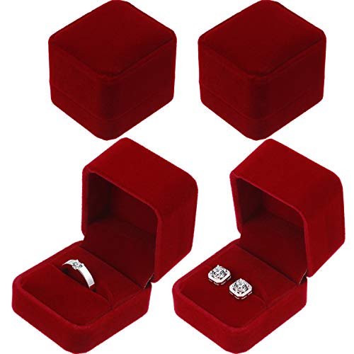 Hicarer 4 Pieces Velvet Ring Earring Box Jewelry Gift Case Boxes for Wedding Engagement Birthday and Anniversary (Wine Red)