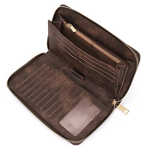 CLUCI Women Wallet Large Leather RFID Blocking Designer Zip Around Card Holder Organizer Ladies Travel Clutch Wristlet Coffee