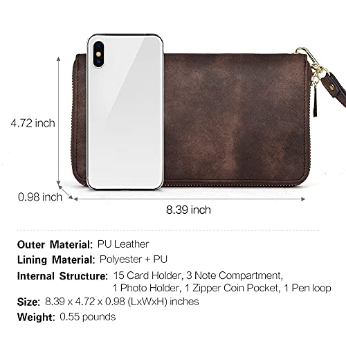 CLUCI Women Wallet Large Leather RFID Blocking Designer Zip Around Card Holder Organizer Ladies Travel Clutch Wristlet Coffee