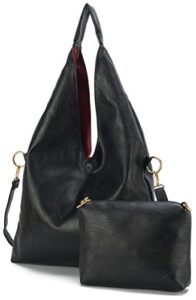 lola mae soft reversible hobo bag for women, large shoulder bag 2 pcs set with crossbody (black/red)