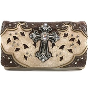 justin west tooled leather laser cut rhinestone cross studded shoulder concealed carry tote style handbag purse (beige wallet)