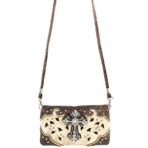 Justin West Tooled Leather Laser Cut Rhinestone Cross Studded Shoulder Concealed Carry Tote Style Handbag Purse (Beige Wallet)