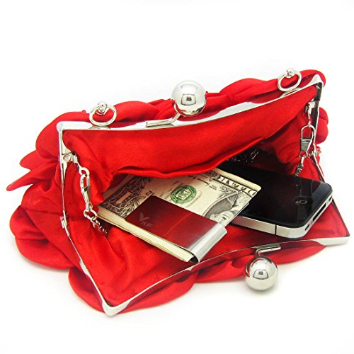 kilofly Missy K 7 Roses Clutch Purse, Satin, with Clasp Closure - Red Money Clip