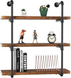mecor industrial pipe shelves with wood 3 – tiers, rustic wall mount shelf 35.1in,metal hung bracket bookshelf,diy storage shelving floating shelves