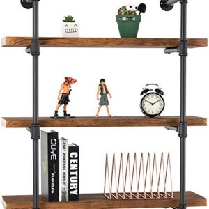 mecor Industrial Pipe Shelves with Wood 3 - Tiers, Rustic Wall Mount Shelf 35.1in,Metal Hung Bracket Bookshelf,DIY Storage Shelving Floating Shelves