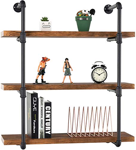 mecor Industrial Pipe Shelves with Wood 3 - Tiers, Rustic Wall Mount Shelf 35.1in,Metal Hung Bracket Bookshelf,DIY Storage Shelving Floating Shelves