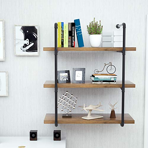 mecor Industrial Pipe Shelves with Wood 3 - Tiers, Rustic Wall Mount Shelf 35.1in,Metal Hung Bracket Bookshelf,DIY Storage Shelving Floating Shelves