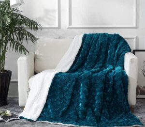 dada bedding lavish emerald teal green blue faux fur fuzzy throw blanket – mermaid scales design white sherpa backside – soft warm plush bright vibrant jewel tones embossed for bed/couch – 50″ x 60″