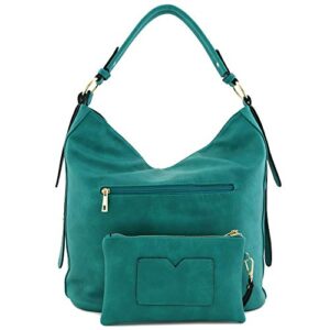2pc Set Faux Leather Large Hobo Bag with Pouch Purse (Teal)