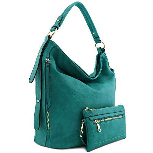 2pc Set Faux Leather Large Hobo Bag with Pouch Purse (Teal)