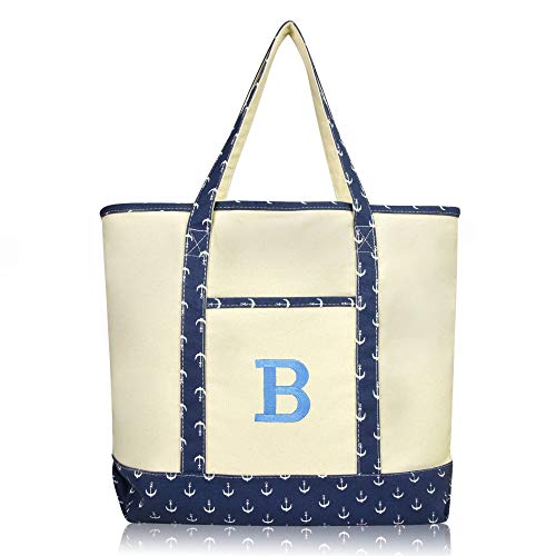 DALIX Initial Tote Bag Personalized Monogram Navy Blue Anchor Zippered Top Letter - B