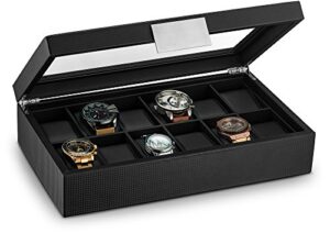 glenor co watch box for men – 12 slot luxurious & masculine carbon fiber textured watch case, sturdy hinges, large watch holder, glass top watch organizer for men – metal accents – black