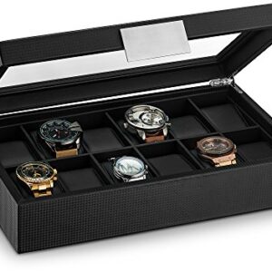 Glenor Co Watch Box for Men - 12 Slot Luxurious & Masculine Carbon Fiber Textured Watch Case, Sturdy Hinges, Large Watch Holder, Glass Top Watch Organizer for Men - Metal Accents - Black