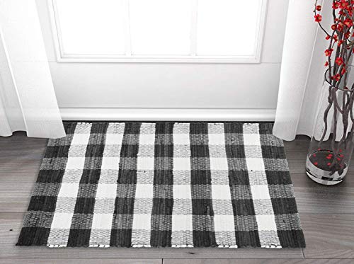 GLAMBURG Cotton Buffalo Check Plaid Rugs Washable, Handwoven Checkered Rug Welcome Door Mat 22x34 Rug for Kitchen Bathroom Outdoor Porch Laundry Living Room, Farmhouse Reversible Rag Rug Black White