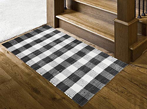 GLAMBURG Cotton Buffalo Check Plaid Rugs Washable, Handwoven Checkered Rug Welcome Door Mat 22x34 Rug for Kitchen Bathroom Outdoor Porch Laundry Living Room, Farmhouse Reversible Rag Rug Black White