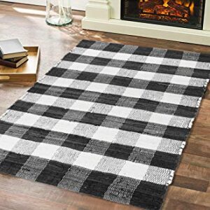 GLAMBURG Cotton Buffalo Check Plaid Rugs Washable, Handwoven Checkered Rug Welcome Door Mat 22x34 Rug for Kitchen Bathroom Outdoor Porch Laundry Living Room, Farmhouse Reversible Rag Rug Black White