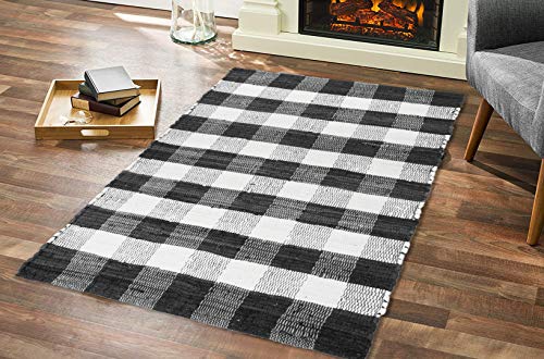 GLAMBURG Cotton Buffalo Check Plaid Rugs Washable, Handwoven Checkered Rug Welcome Door Mat 22x34 Rug for Kitchen Bathroom Outdoor Porch Laundry Living Room, Farmhouse Reversible Rag Rug Black White