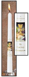 my first holy communion wax taper candle with body of christ decal, 10 inch