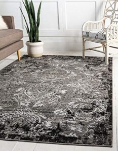 unique loom botanical collection distressed, bohemian, vintage, victorian, indoor and outdoor area rug, 7 ft x 10 ft, light gray/black