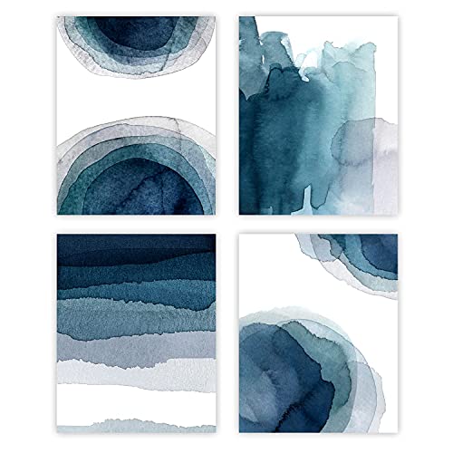 Wall Art Prints 8X10 UNFRAMED Abstract Aqua Blue Teal Gray Watercolor Paintings for Bedroom Living Room Kitchen Bathroom Dining Room Decor Home Decor Wall Decor Office Set of 4