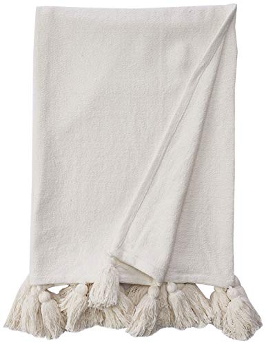 Mud Pie Woven Tassel White Throw Blanket, 50" x 61"