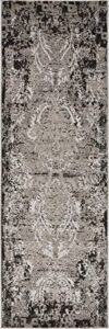 unique loom botanical collection distressed, bohemian, vintage, victorian, indoor and outdoor area rug, 2 ft x 6 ft, light gray/black