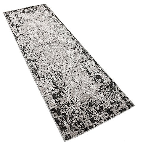 Unique Loom Botanical Collection Distressed, Bohemian, Vintage, Victorian, Indoor and Outdoor Area Rug, 2 ft x 6 ft, Light Gray/Black