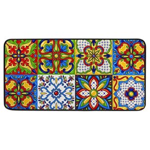 kuizee kitchen rug kitchen mat mexican talavera block ethnic folk ornament majolica colorful bathroom rug hallway entry rugs non slip soft water absorbent 39×20 inch