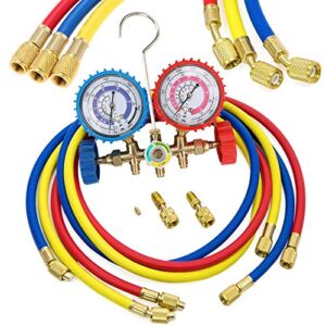 refrigerant charging hoses with diagnostic manifold gauge set for r410a r22 r404 refrigerant charging,1/4″ thread hose set 60″ red/yellow/blue (3pcs) with 2 quick coupler